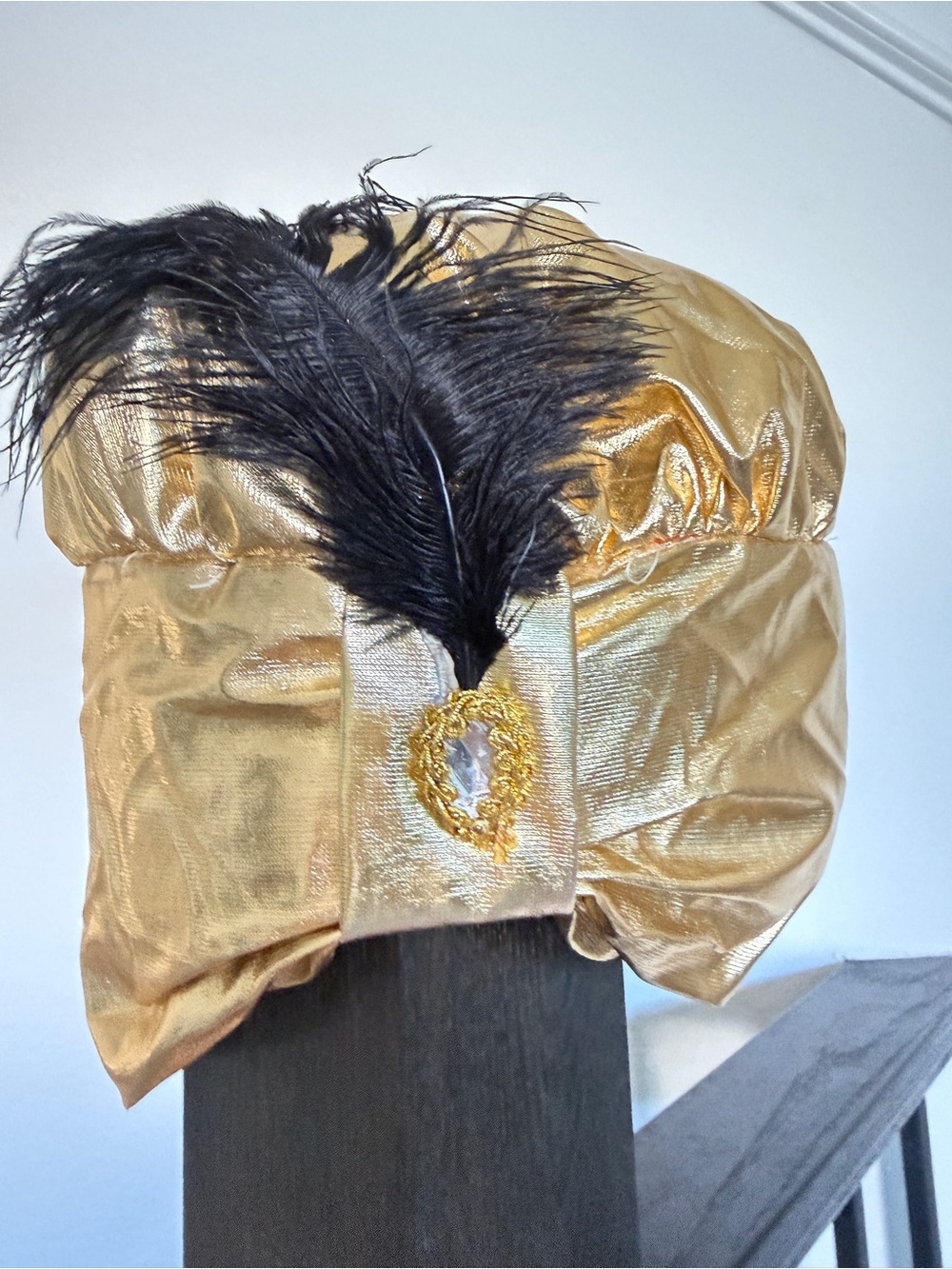 Gold Feathered Satin Turban Hat - Elegant Women's Accessory